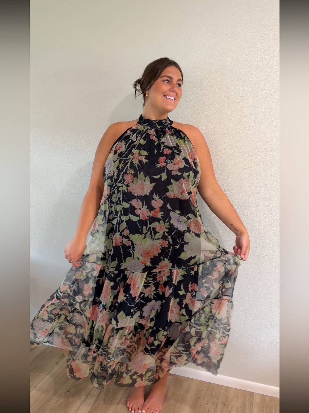 Floral Halter Maxi Dress - Black with Pink & Green Floral
